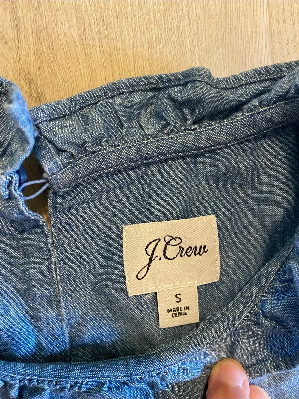 J. Crew Denim-Style Puff Sleeve Ruffle Neck Blouse